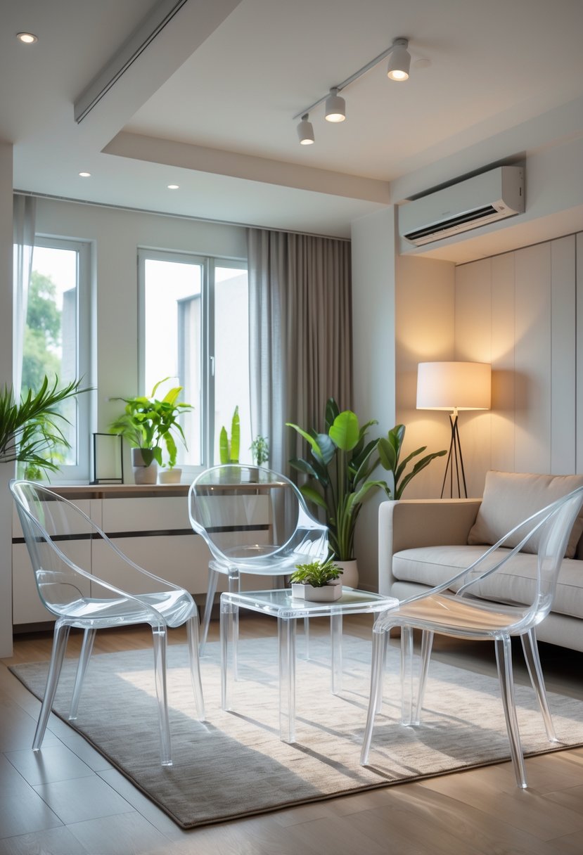 Compact Living Room Ideas 2026: 22 Smart Designs for Modern Small Spaces 15 Compact living room with transparent acrylic chairs, a small sofa, coffee table, and plants near large windows.