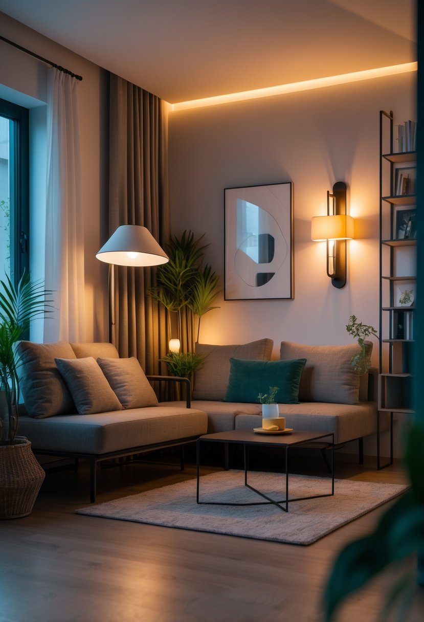 Compact Living Room Ideas 2026: 22 Smart Designs for Modern Small Spaces 16 A compact living room with a sofa, coffee table, floor lamps, and wall sconces providing warm layered lighting.