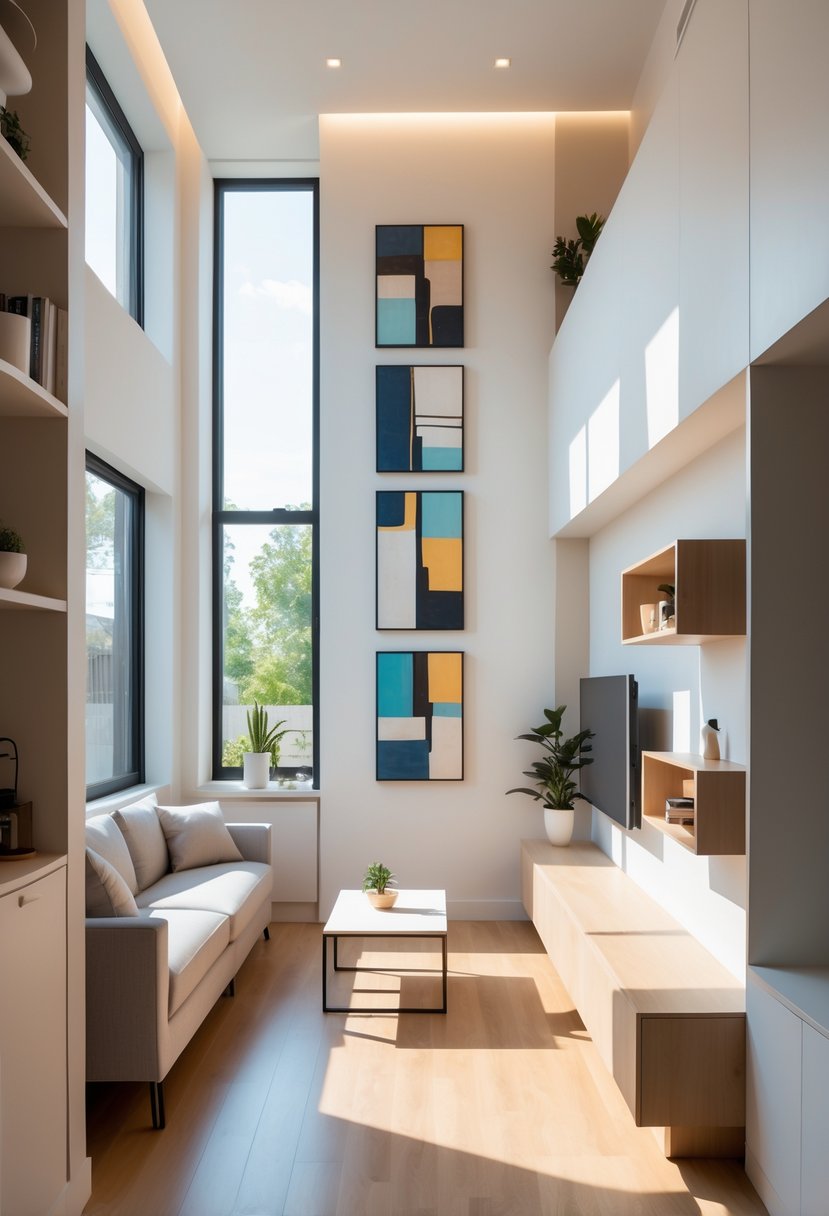 Compact Living Room Ideas 2026: 22 Smart Designs for Modern Small Spaces 17 Compact living room with vertical art on the wall, a small sofa, coffee table, and natural light from a window.