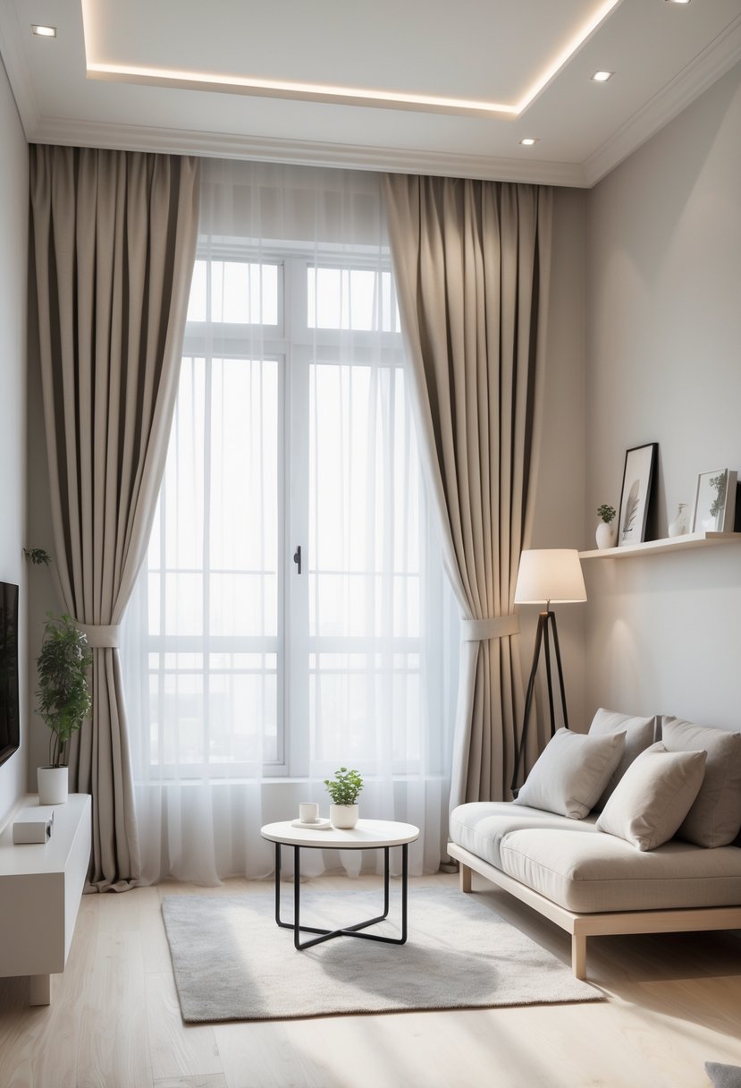 Compact Living Room Ideas 2026: 22 Smart Designs for Modern Small Spaces 18 Compact living room with curtains hung close to the ceiling, a sofa, coffee table, and natural light coming through a large window.