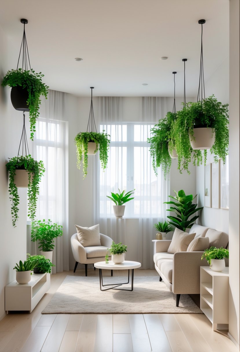 Compact Living Room Ideas 2026: 22 Smart Designs for Modern Small Spaces 19 A compact living room with hanging plants in pots, a small sofa, coffee table, bookshelf, and large windows letting in natural light.