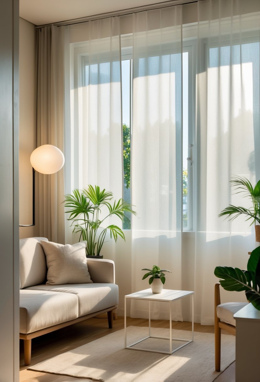 Compact Living Room Ideas 2026: 22 Smart Designs for Modern Small Spaces 21 A compact living room with natural light coming through sheer window treatments, featuring a sofa, coffee table, and plants.