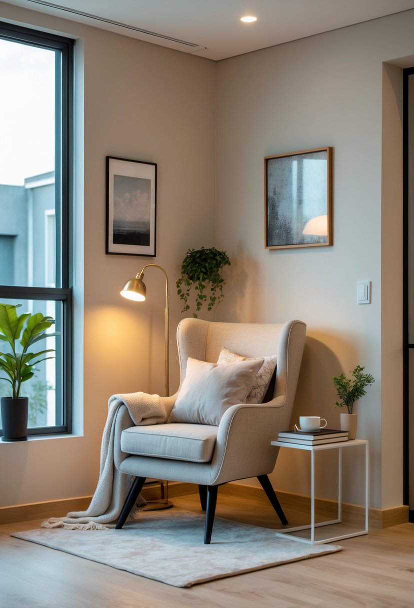 Compact Living Room Ideas 2026: 22 Smart Designs for Modern Small Spaces 22 A compact reading nook with a small armchair, side table, floor lamp, and a window letting in natural light.