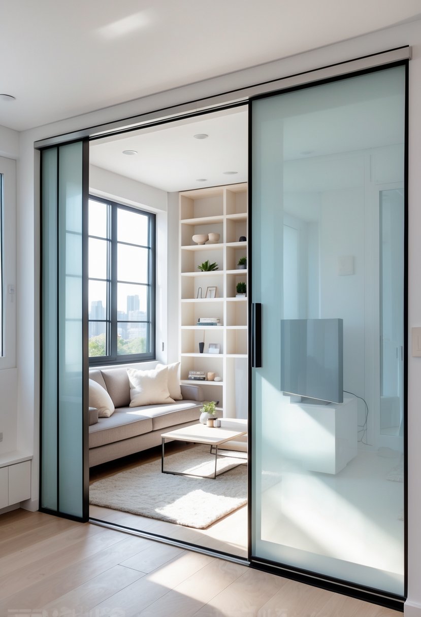 Compact Living Room Ideas 2026: 22 Smart Designs for Modern Small Spaces 24 A compact living room with sliding doors, a small sofa, coffee table, and built-in shelves, illuminated by natural light.