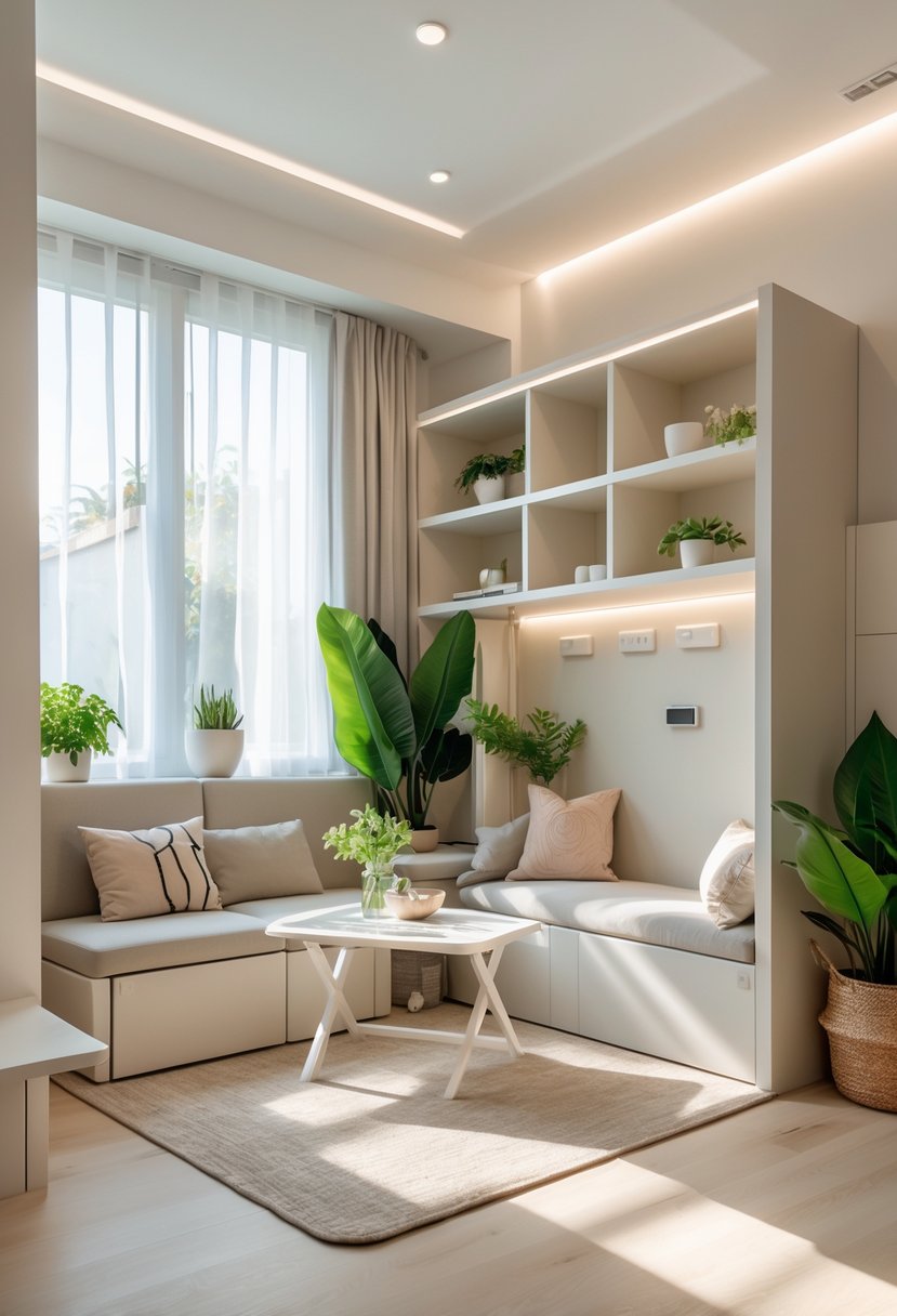 Compact Living Room Ideas 2026: 22 Smart Designs for Modern Small Spaces 26 A small living room with a sofa, coffee table, shelves, plants, and large windows letting in natural light.