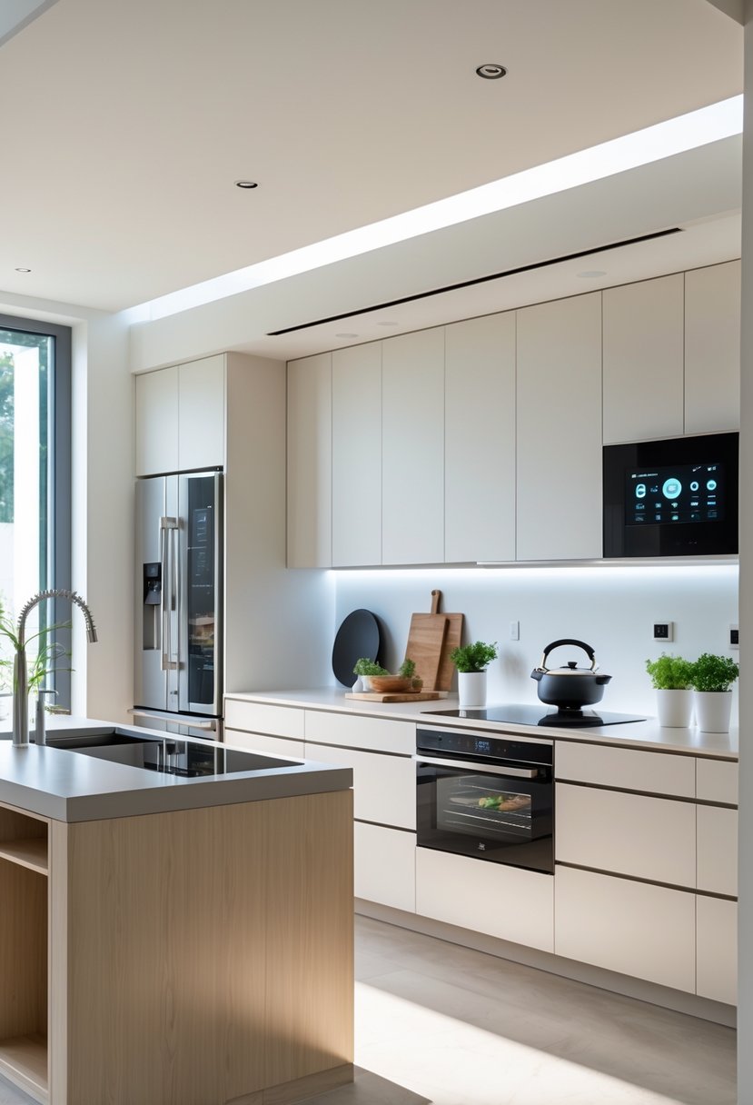 Kitchen Remodel Concepts For 2026: 22 Innovative Ideas To Elevate Your Space 4 A modern kitchen with smart appliances including a touchscreen control panel, smart refrigerator, voice-activated oven, and induction cooktop, featuring natural light and minimalist design.