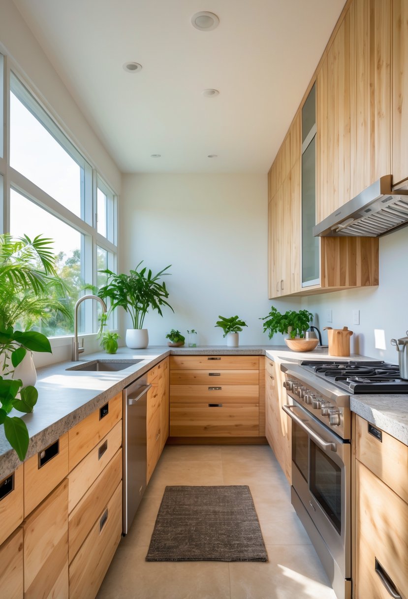 Kitchen Remodel Concepts For 2026: 22 Innovative Ideas To Elevate Your Space 5 A modern kitchen with eco-friendly wood and bamboo cabinets, large windows, and indoor plants.