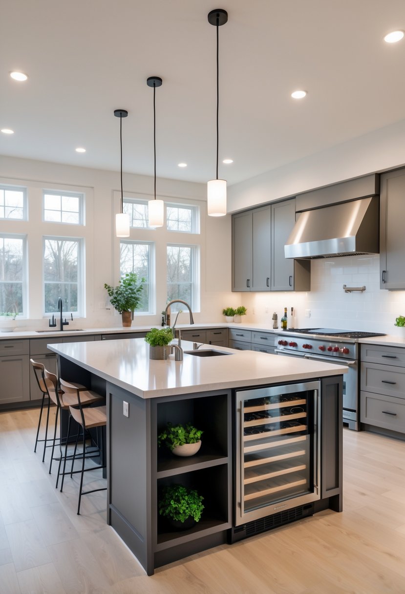 Kitchen Remodel Concepts For 2026: 22 Innovative Ideas To Elevate Your Space 7 A modern kitchen with a large multi-functional island featuring built-in appliances, bar stools, and natural lighting.