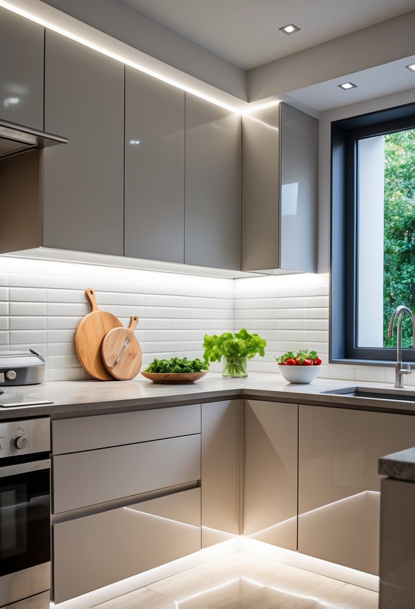 Kitchen Remodel Concepts For 2026: 22 Innovative Ideas To Elevate Your Space 8 A modern kitchen countertop illuminated by bright LED lights installed under the cabinets, with clean cabinetry, a tiled backsplash, and stainless steel appliances.