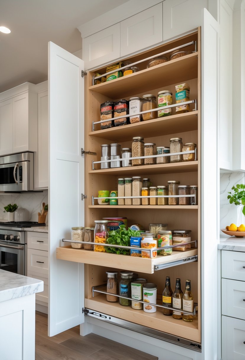 Kitchen Remodel Concepts For 2026: 22 Innovative Ideas To Elevate Your Space 9 A modern kitchen with a pull-out pantry shelving unit filled with organized food items.