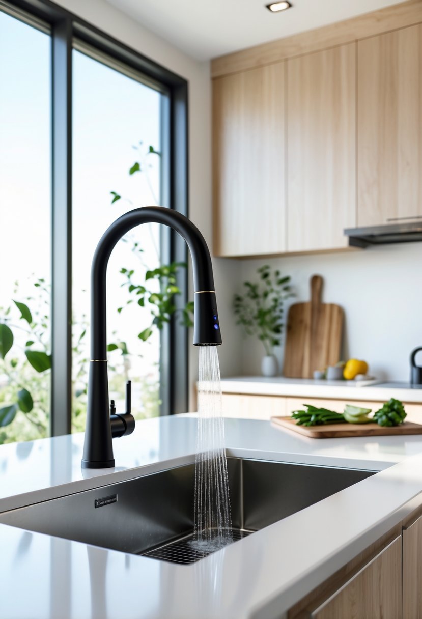 Kitchen Remodel Concepts For 2026: 22 Innovative Ideas To Elevate Your Space 10 A modern kitchen with a touchless faucet dispensing water over a stainless steel sink, surrounded by white countertops and light wood cabinets.