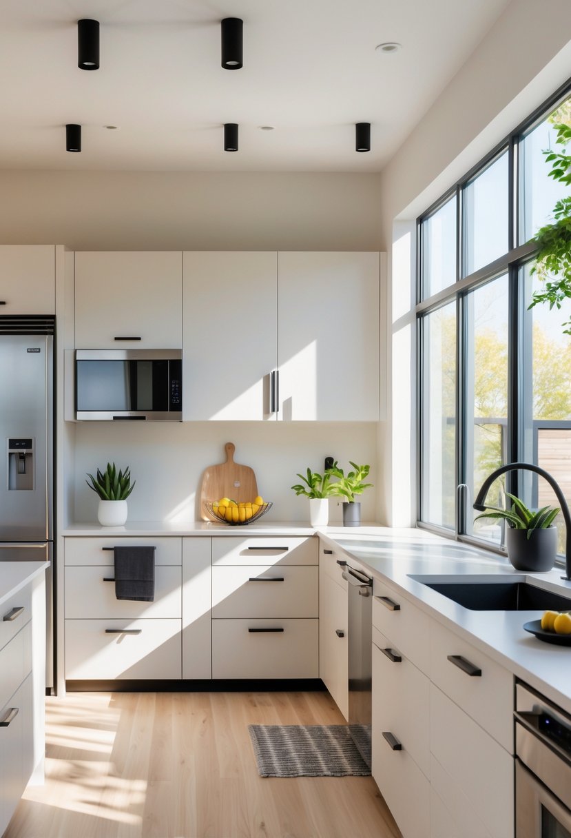 Kitchen Remodel Concepts For 2026: 22 Innovative Ideas To Elevate Your Space 12 Modern kitchen with matte black cabinet handles and faucet, light cabinetry, stainless steel appliances, and natural sunlight.