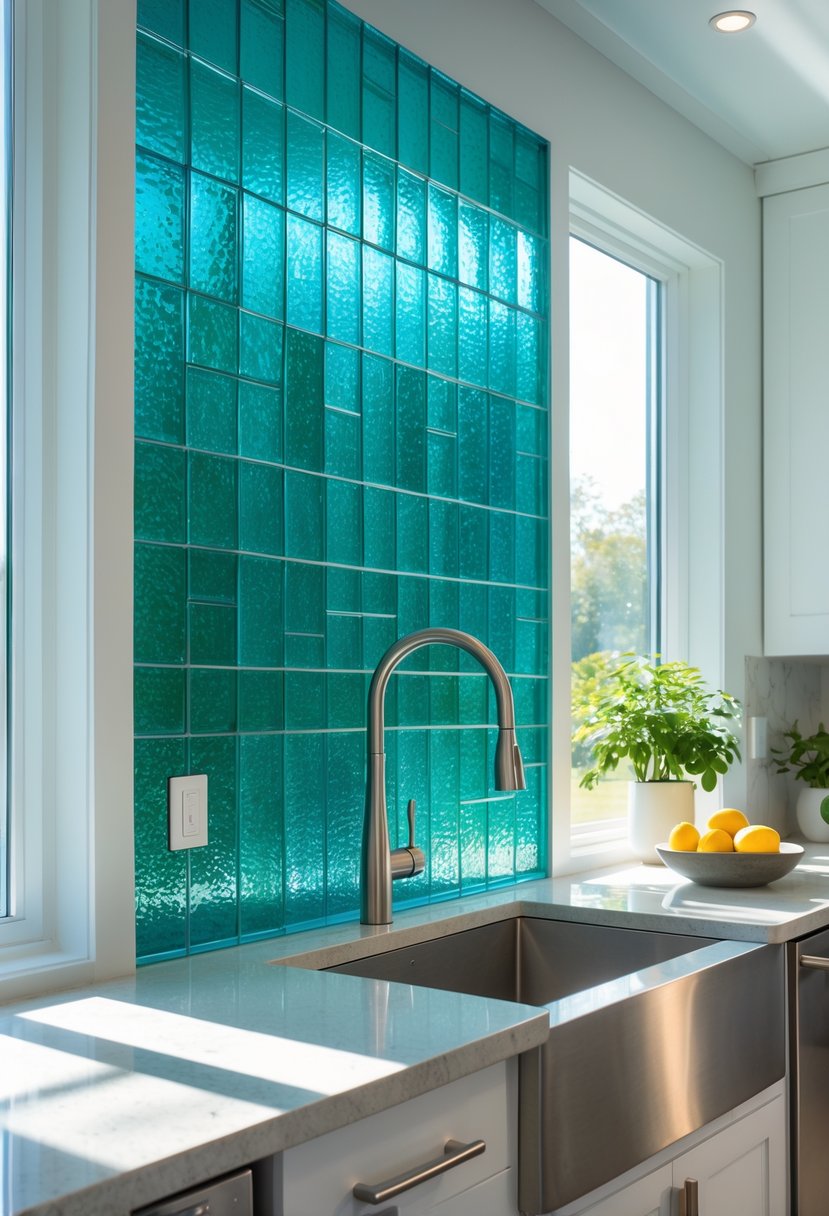 Kitchen Remodel Concepts For 2026: 22 Innovative Ideas To Elevate Your Space 13 A bright kitchen with white cabinets, a colorful recycled glass backsplash, stainless steel appliances, and a countertop with a plant and lemons.