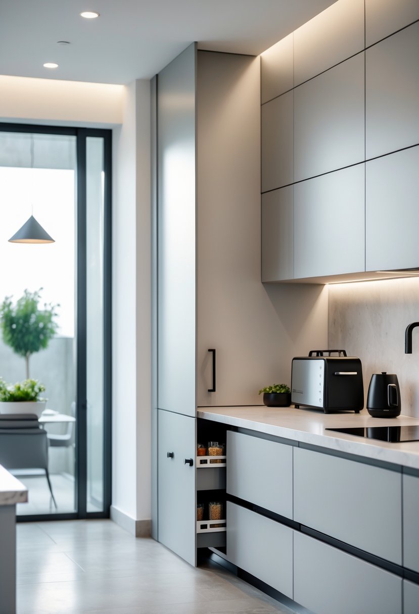 Kitchen Remodel Concepts For 2026: 22 Innovative Ideas To Elevate Your Space 14 A modern kitchen with a hidden appliance garage partially open, showing small appliances stored inside and clean countertops.