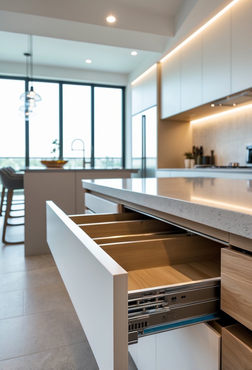 Kitchen Remodel Concepts For 2026: 22 Innovative Ideas To Elevate Your Space 15 Close-up of a modern kitchen drawer partially open, showing smooth soft-close hardware with a bright, contemporary kitchen in the background.