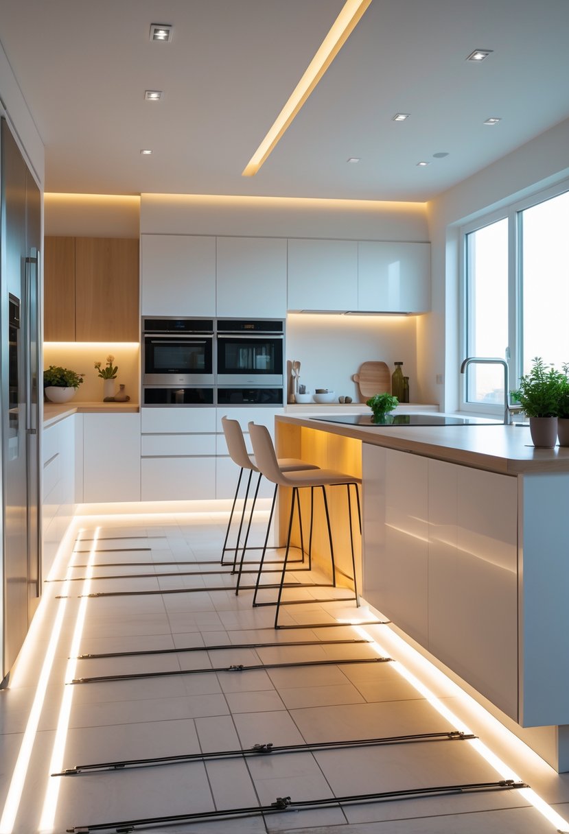 Kitchen Remodel Concepts For 2026: 22 Innovative Ideas To Elevate Your Space 16 A bright modern kitchen with a cutaway floor revealing glowing underfloor heating pipes beneath large tiles.
