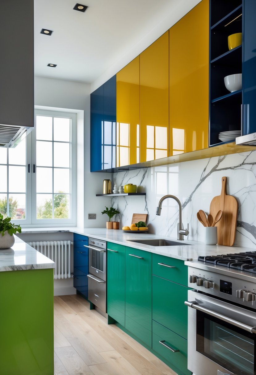 Kitchen Remodel Concepts For 2026: 22 Innovative Ideas To Elevate Your Space 17 A modern kitchen with brightly colored cabinets, a white marble countertop, stainless steel appliances, and natural light coming through large windows.