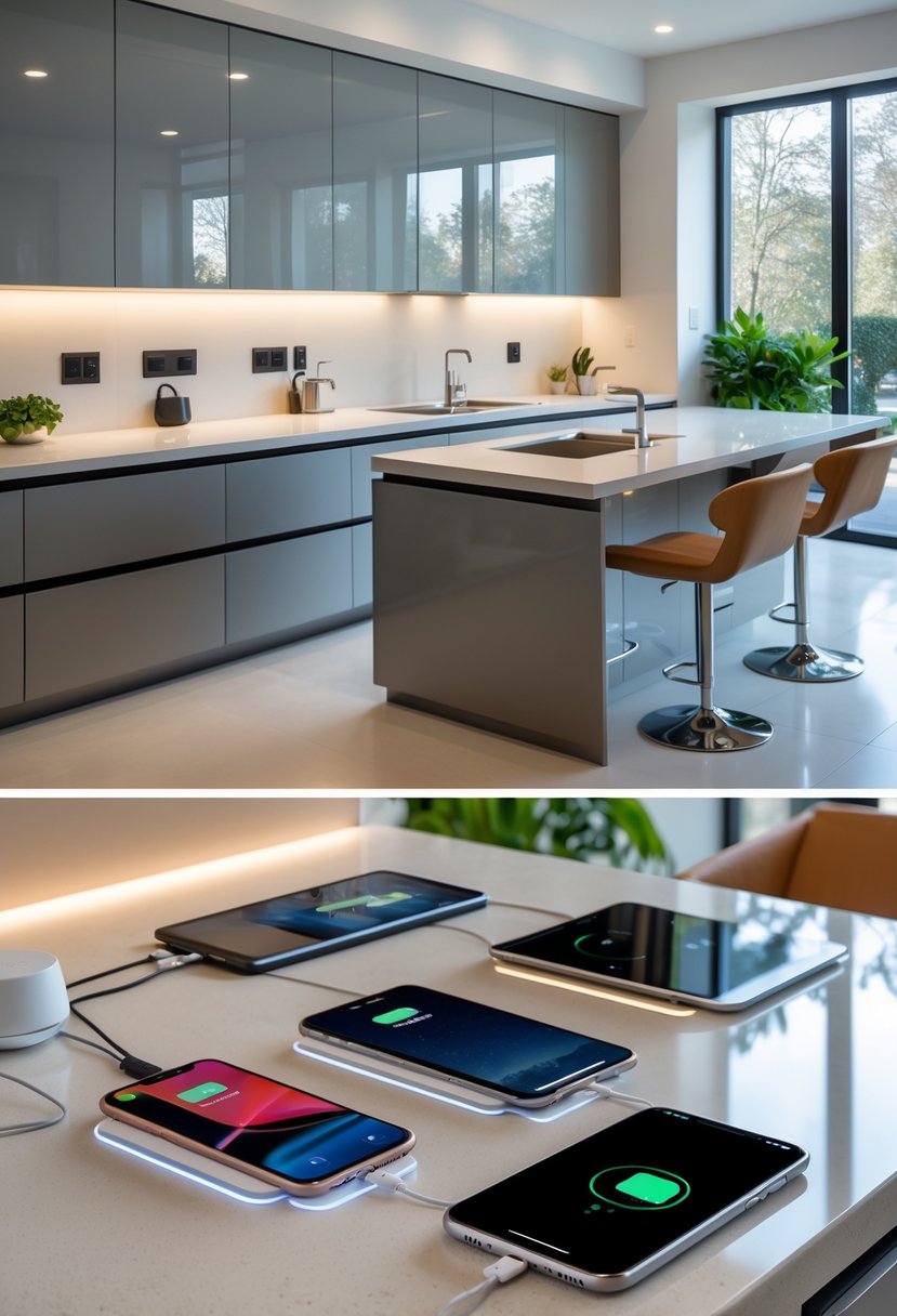Kitchen Remodel Concepts For 2026: 22 Innovative Ideas To Elevate Your Space 18 A modern kitchen with built-in charging stations on the countertops and island, showing devices charging in a bright, clean space.