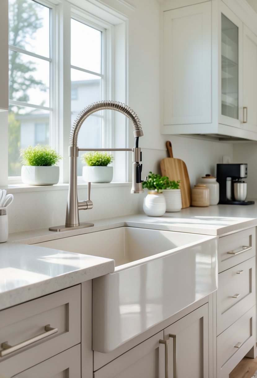 Kitchen Remodel Concepts For 2026: 22 Innovative Ideas To Elevate Your Space 19 A modern kitchen with a large white farmhouse sink installed under a window, surrounded by light countertops and cabinets.