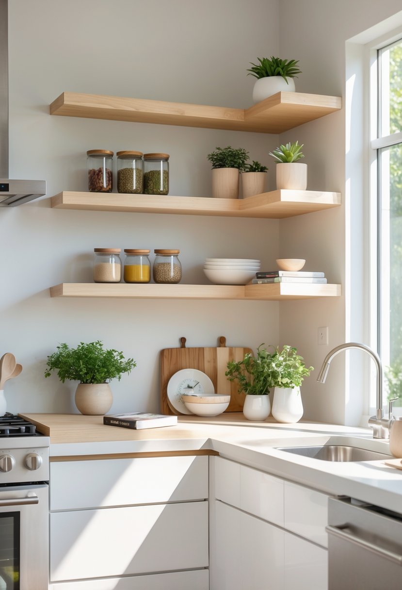 Kitchen Remodel Concepts For 2026: 22 Innovative Ideas To Elevate Your Space 20 A modern kitchen with floating wooden shelves holding jars, plants, bowls, and books above a clean countertop.