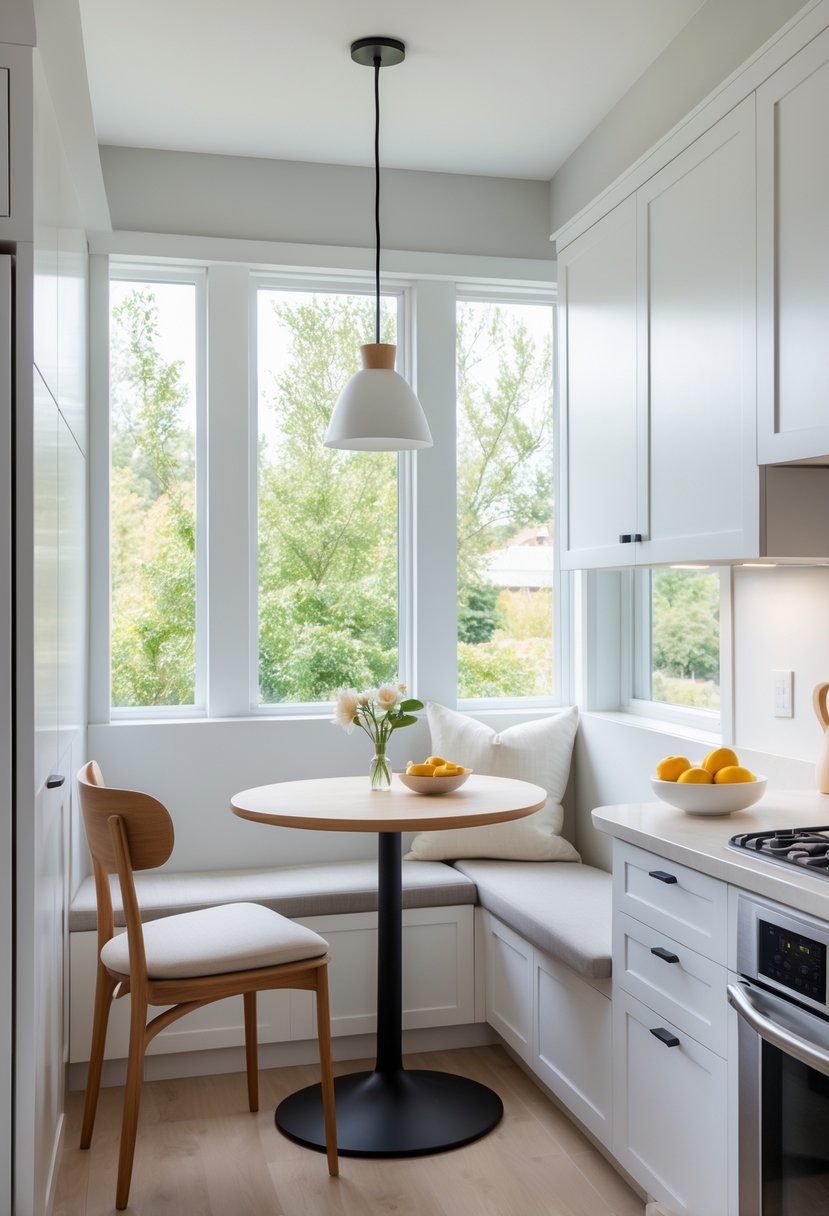 Kitchen Remodel Concepts For 2026: 22 Innovative Ideas To Elevate Your Space 21 A small breakfast nook with a round wooden table and two chairs in a bright kitchen with white cabinets and large windows.