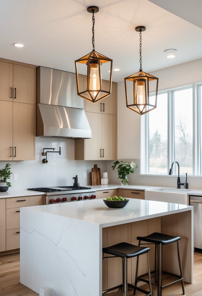 Kitchen Remodel Concepts For 2026: 22 Innovative Ideas To Elevate Your Space 23 A modern kitchen with a marble island and three distinctive pendant lights hanging above it.