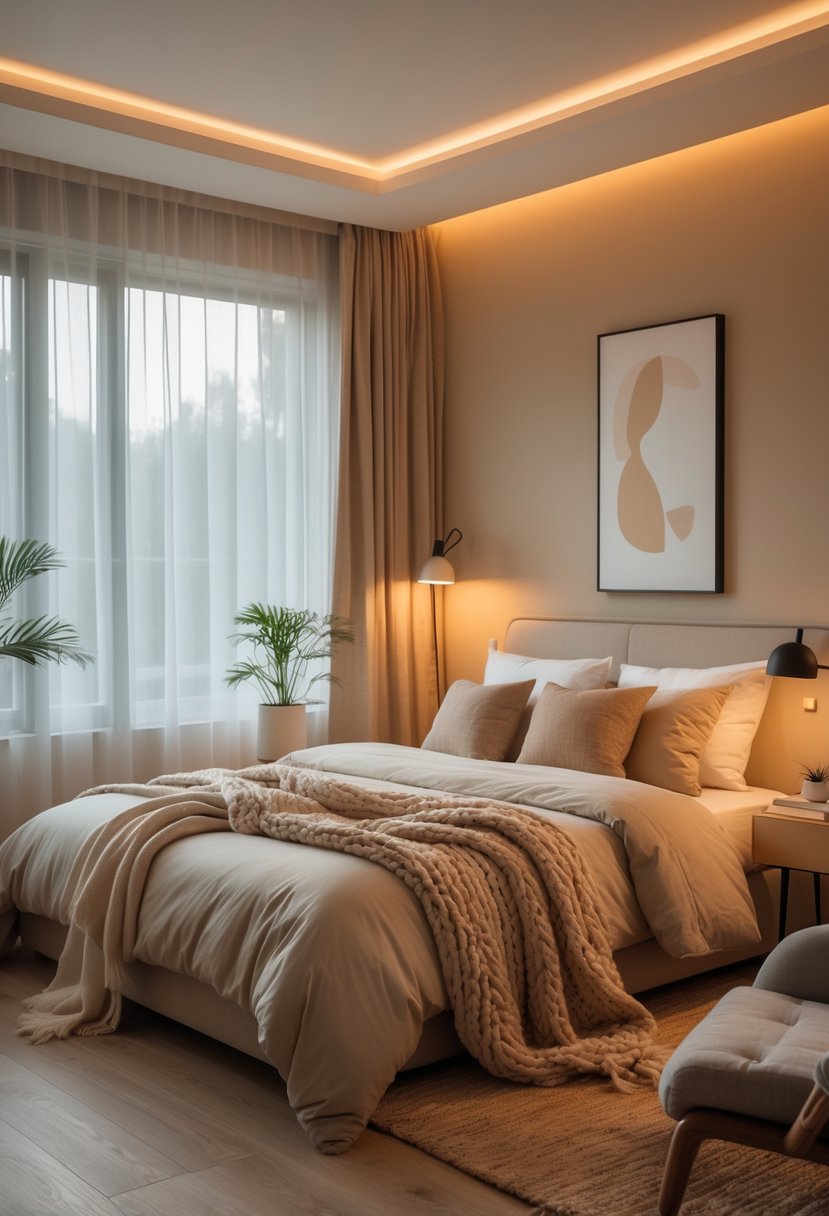 Cozy Bedroom Ideas 2026: 22 Stylish Ways To Create A Warm And Inviting Space 2 A cozy bedroom with a large bed, soft linens, a knit blanket, natural light from windows, a bedside table with a plant and lamp, an armchair, and a bookshelf.