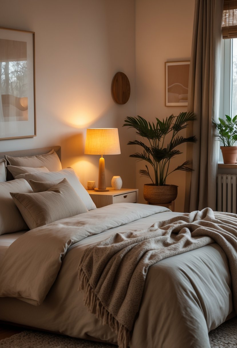 Cozy Bedroom Ideas 2026: 22 Stylish Ways To Create A Warm And Inviting Space 4 A cozy bedroom with a made bed, warm ambient lighting, wooden nightstand, and plants.