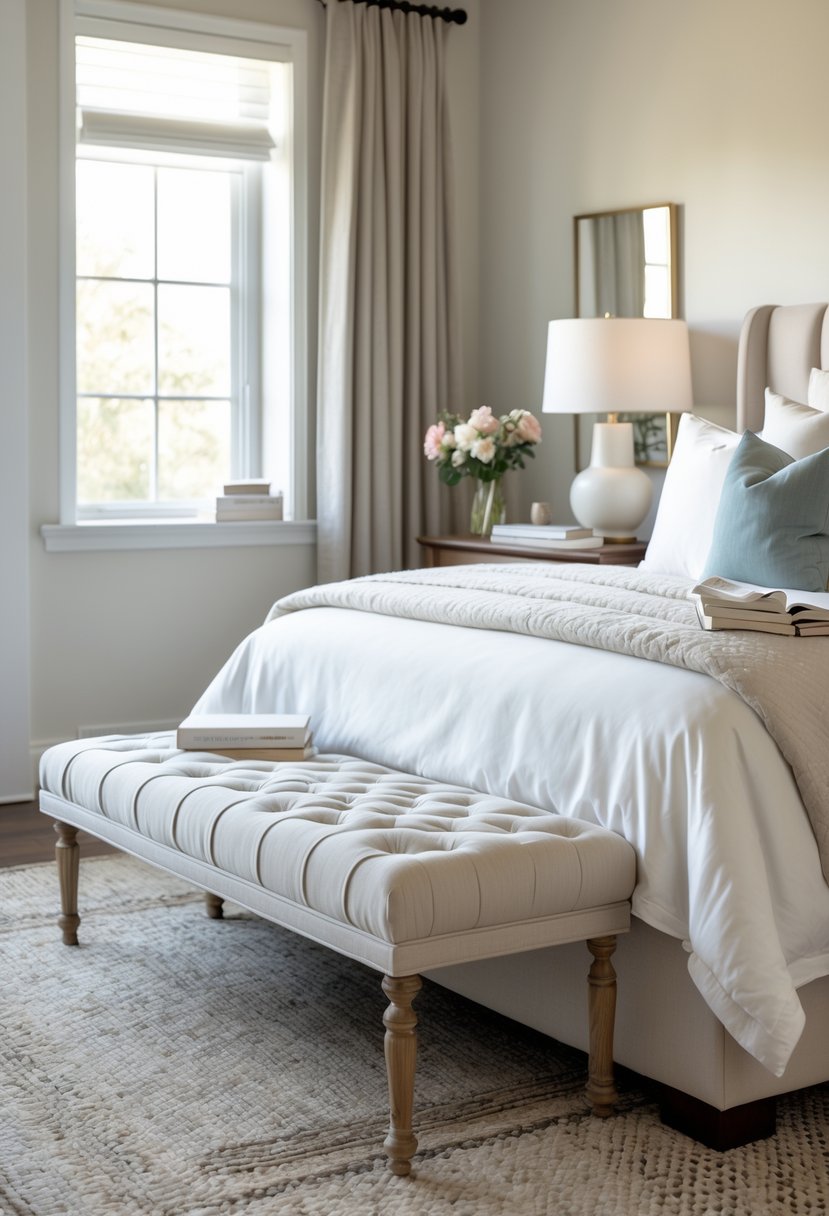 Cozy Bedroom Ideas 2026: 22 Stylish Ways To Create A Warm And Inviting Space 5 A cozy bedroom with a neatly made bed and a plush upholstered bench at the foot of the bed.