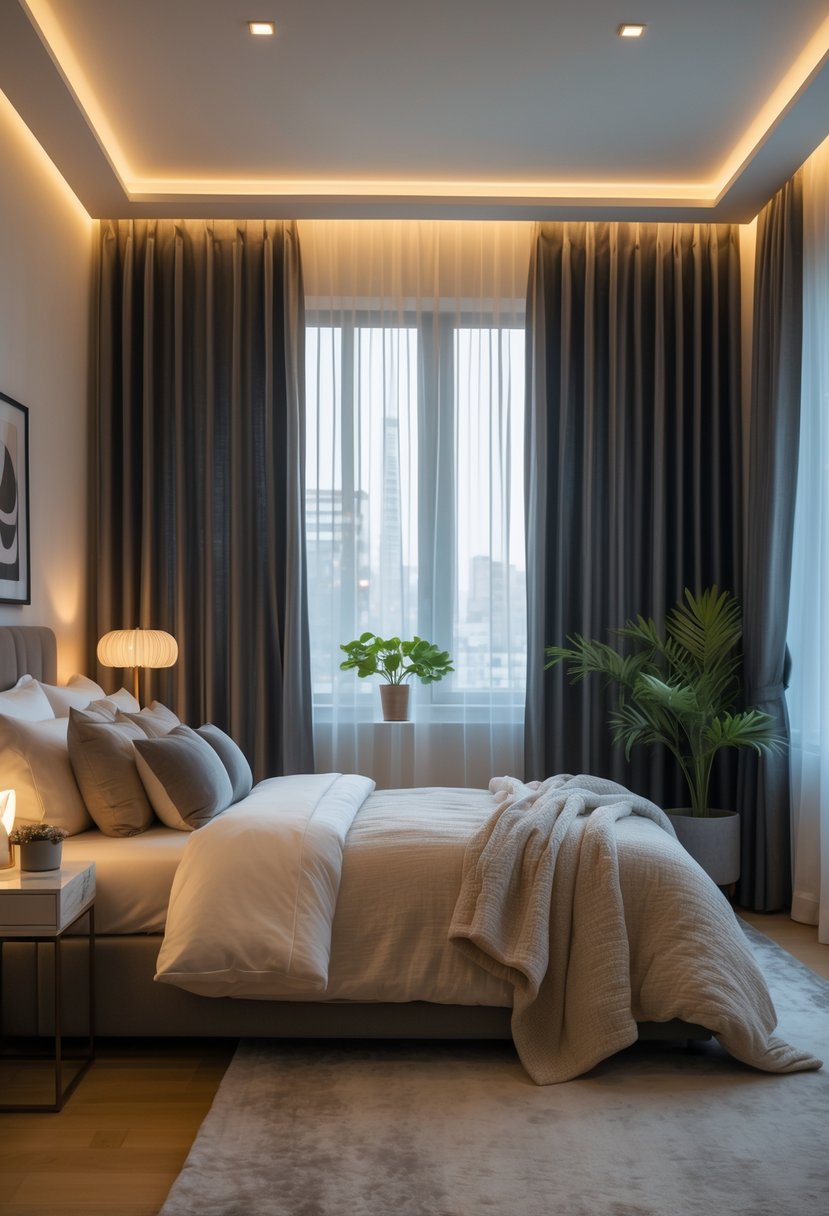 Cozy Bedroom Ideas 2026: 22 Stylish Ways To Create A Warm And Inviting Space 6 A cozy bedroom with dark blackout curtains covering large windows, a neatly made bed, bedside table with lamp, and a potted plant.