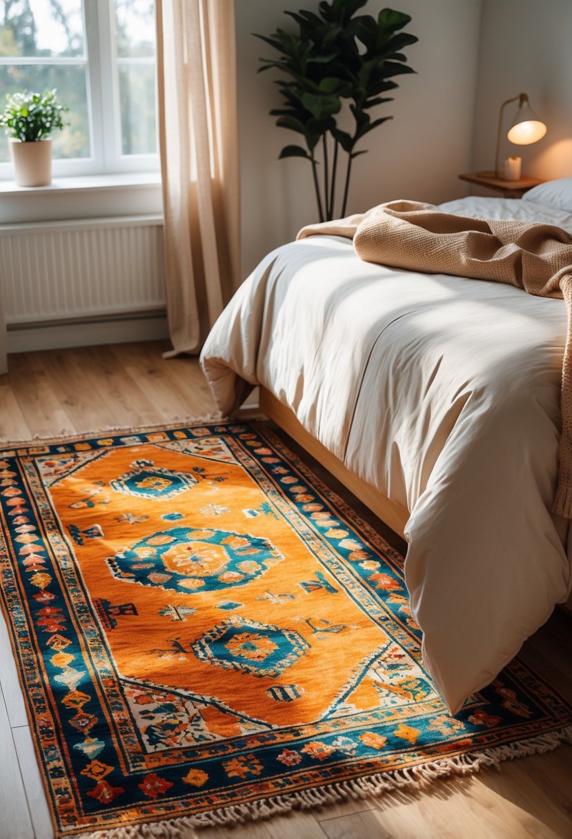 Cozy Bedroom Ideas 2026: 22 Stylish Ways To Create A Warm And Inviting Space 7 A bedroom with a colorful area rug beside a neatly made bed, illuminated by natural light.