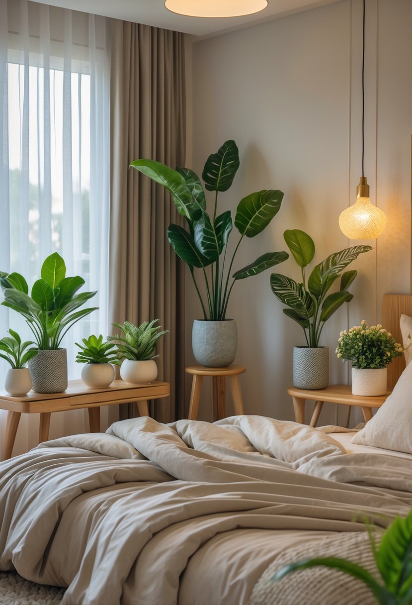 Cozy Bedroom Ideas 2026: 22 Stylish Ways To Create A Warm And Inviting Space 8 A cozy bedroom with a neatly made bed and several faux green plants placed around the room, creating a warm and inviting atmosphere.