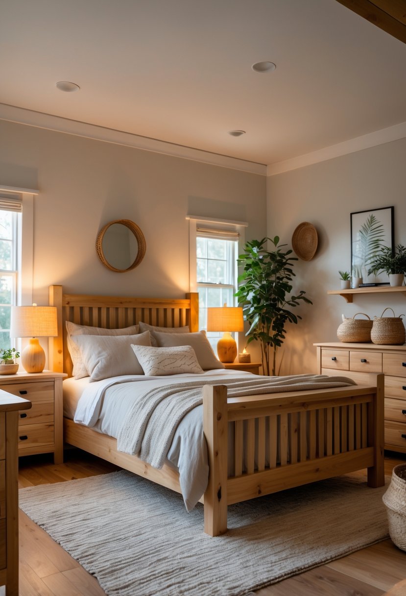 Cozy Bedroom Ideas 2026: 22 Stylish Ways To Create A Warm And Inviting Space 9 A cozy bedroom with wooden furniture, soft bedding, warm lighting, and natural decor elements.