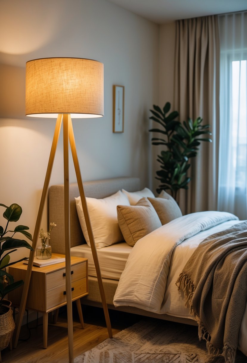 Cozy Bedroom Ideas 2026: 22 Stylish Ways To Create A Warm And Inviting Space 10 A cozy bedroom with a floor lamp featuring a fabric shade providing warm light next to a neatly made bed.