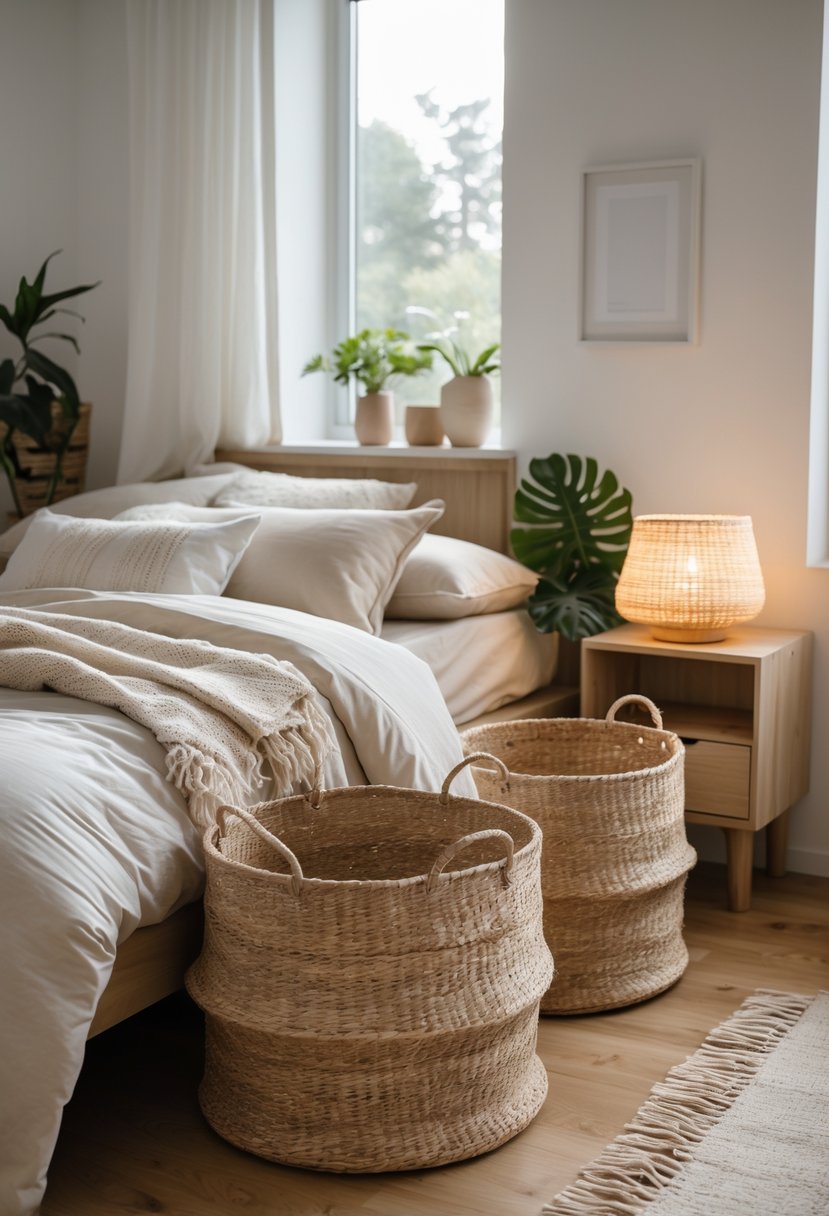 Cozy Bedroom Ideas 2026: 22 Stylish Ways To Create A Warm And Inviting Space 13 A cozy bedroom with seagrass and felt storage baskets near a bed, soft bedding, natural light, and wooden flooring.