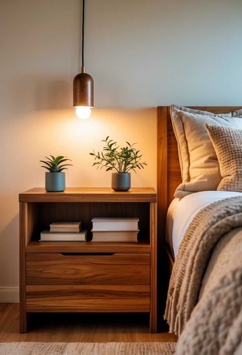 Cozy Bedroom Ideas 2026: 22 Stylish Ways To Create A Warm And Inviting Space 14 A cozy bedroom with warm wood bedside tables holding a lamp, a small plant, and books next to a bed with soft bedding.