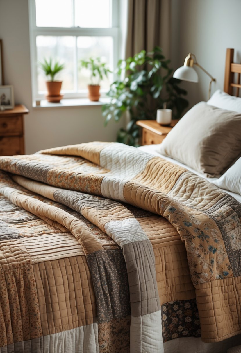 Cozy Bedroom Ideas 2026: 22 Stylish Ways To Create A Warm And Inviting Space 15 A cozy bedroom with a bed covered by a patchwork quilt and soft natural light coming through a window.