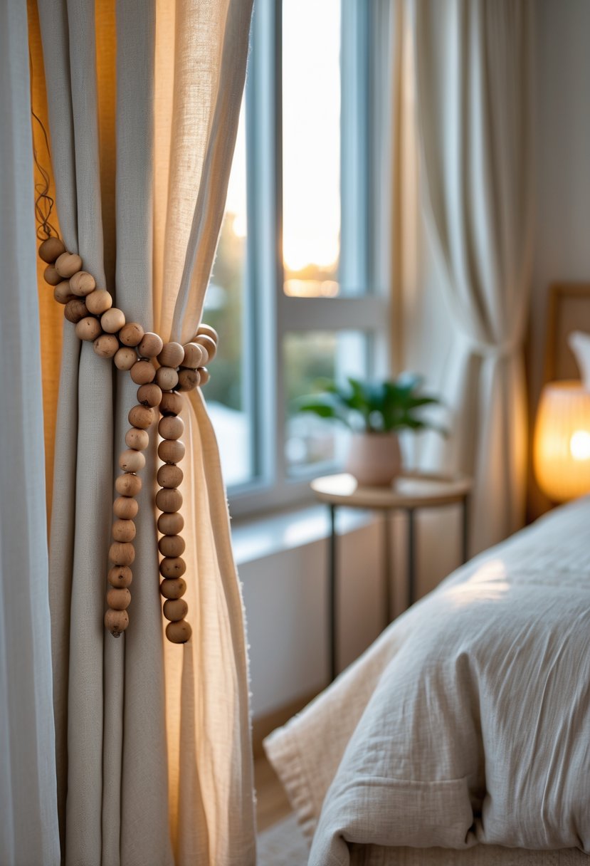 Cozy Bedroom Ideas 2026: 22 Stylish Ways To Create A Warm And Inviting Space 17 A cozy bedroom with curtains held back by wooden bead tiebacks, a neatly made bed, and a bedside table with a plant and lamp.