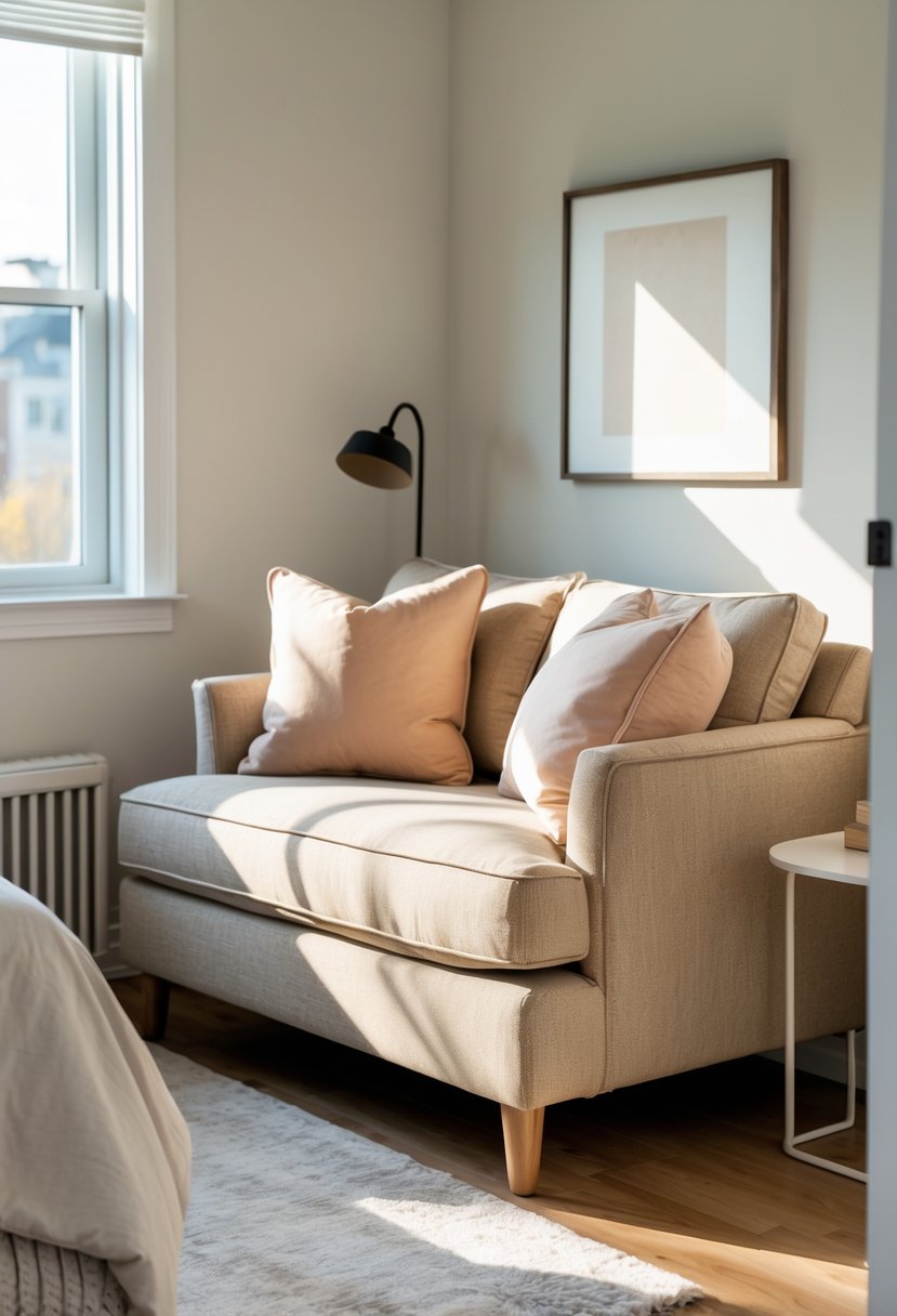 Cozy Bedroom Ideas 2026: 22 Stylish Ways To Create A Warm And Inviting Space 18 A small loveseat placed in the corner of a bedroom with soft natural light and simple furnishings.