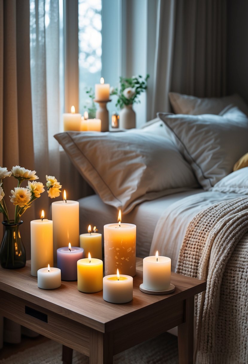 Cozy Bedroom Ideas 2026: 22 Stylish Ways To Create A Warm And Inviting Space 20 A cozy bedroom with a collection of scented candles on a bedside table, soft bedding, and natural light coming through a window.