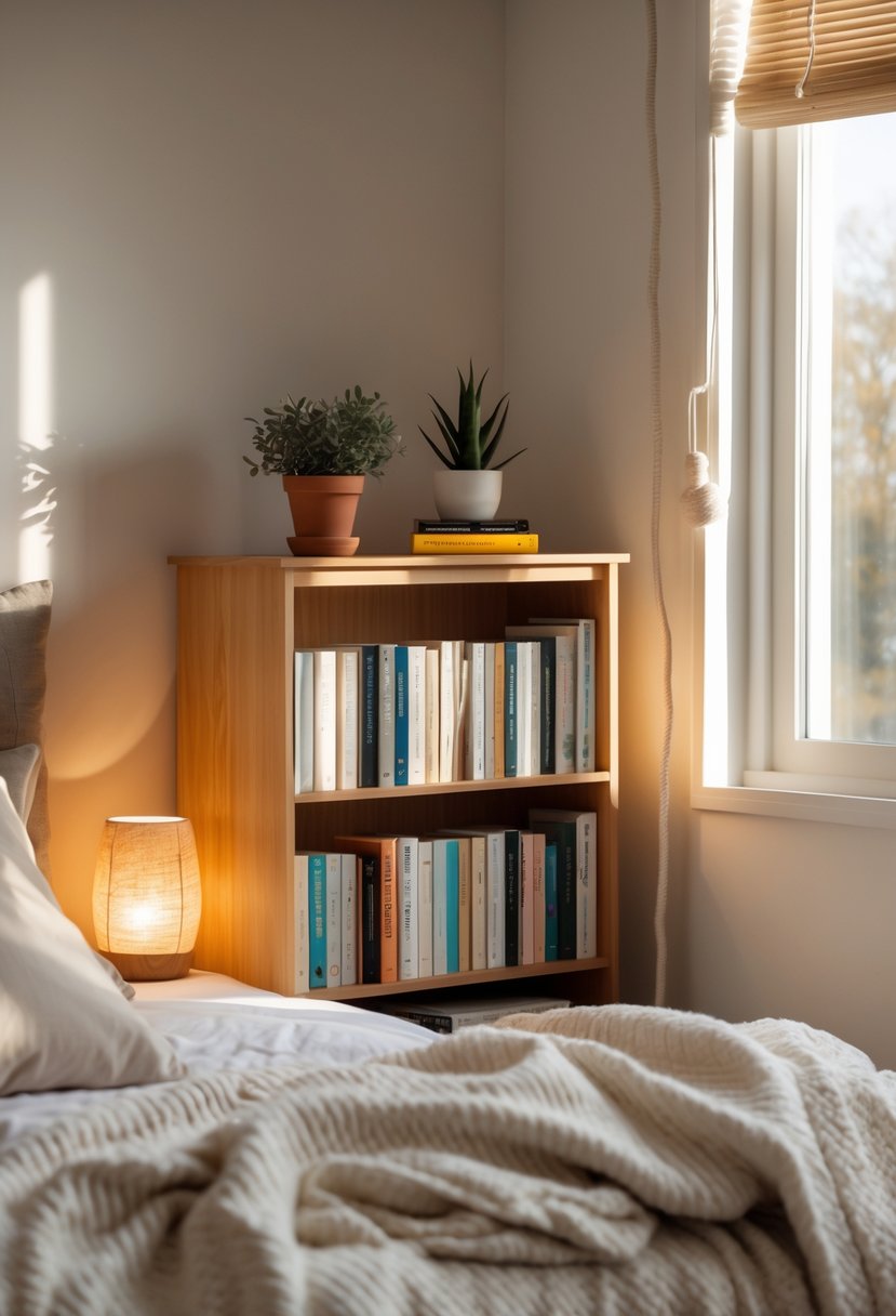 Cozy Bedroom Ideas 2026: 22 Stylish Ways To Create A Warm And Inviting Space 21 A cozy bedroom with a small bookshelf filled with books next to a bed with soft bedding and pillows, illuminated by natural light from a window.