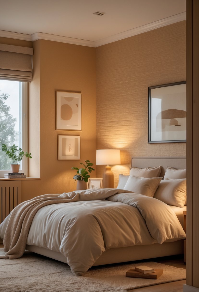 Cozy Bedroom Ideas 2026: 22 Stylish Ways To Create A Warm And Inviting Space 23 A cozy bedroom with a bed, bedside table, and warm beige walls.