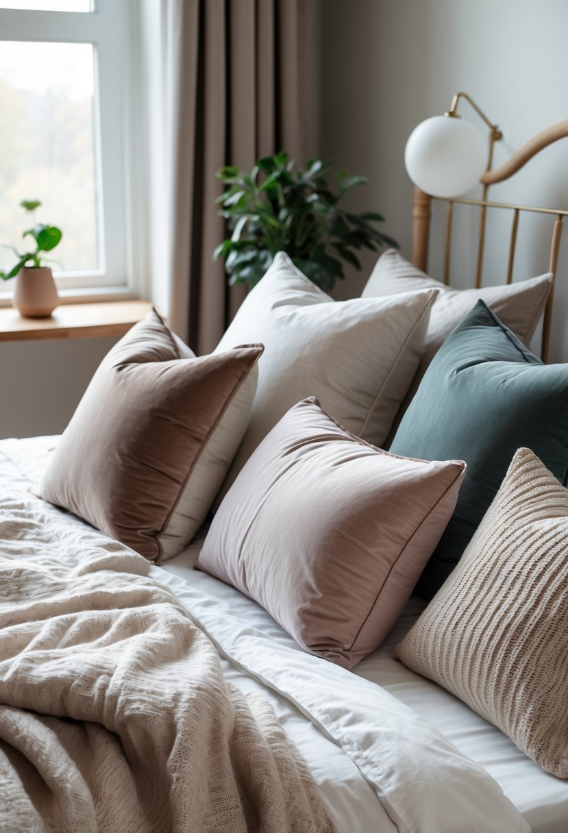 Cozy Bedroom Ideas 2026: 22 Stylish Ways To Create A Warm And Inviting Space 24 A bed with a variety of pillows in different sizes and fabrics in a softly lit bedroom.