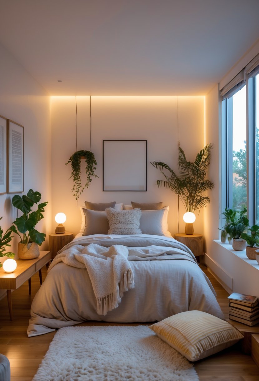 Cozy Bedroom Ideas 2026: 22 Stylish Ways To Create A Warm And Inviting Space 26 A cozy bedroom with a made bed, warm lighting, plants, wooden furniture, and a reading nook by large windows.