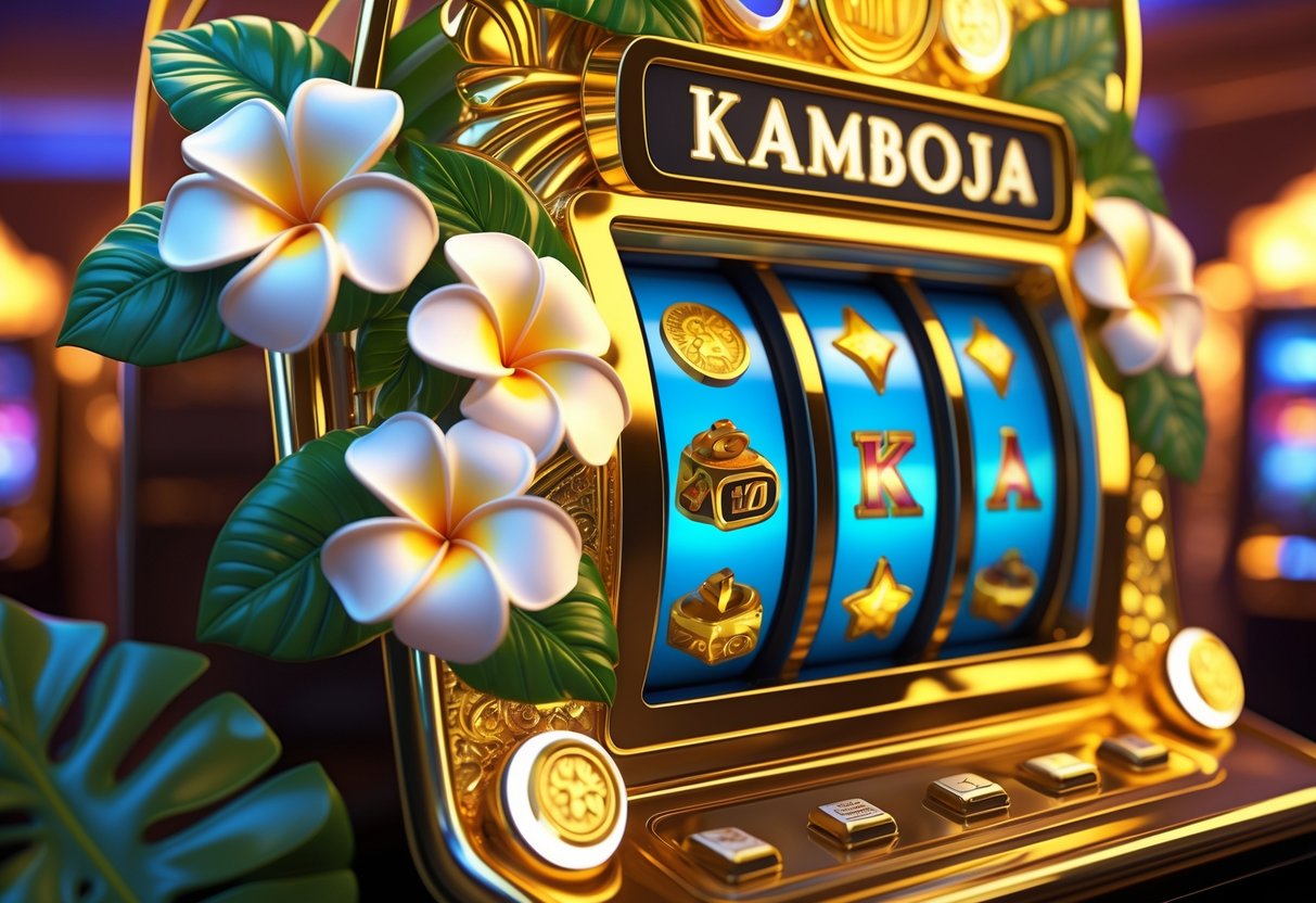 Mesin slot bertema bunga kamboja dengan hiasan emas dan latar tropis yang cerah, menampilkan gulungan berputar dengan simbol keberuntungan dan jackpot.