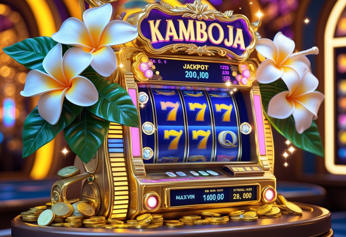 Mesin slot mewah dengan bunga kamboja dan koin berkilauan yang keluar, menunjukkan suasana kemenangan besar di kasino.