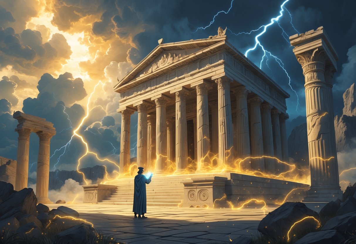 Sebuah kuil kuno Yunani dengan kolom marmer besar dan petir di langit, di depan seorang sosok yang sedang mempelajari simbol-simbol bercahaya yang melayang.