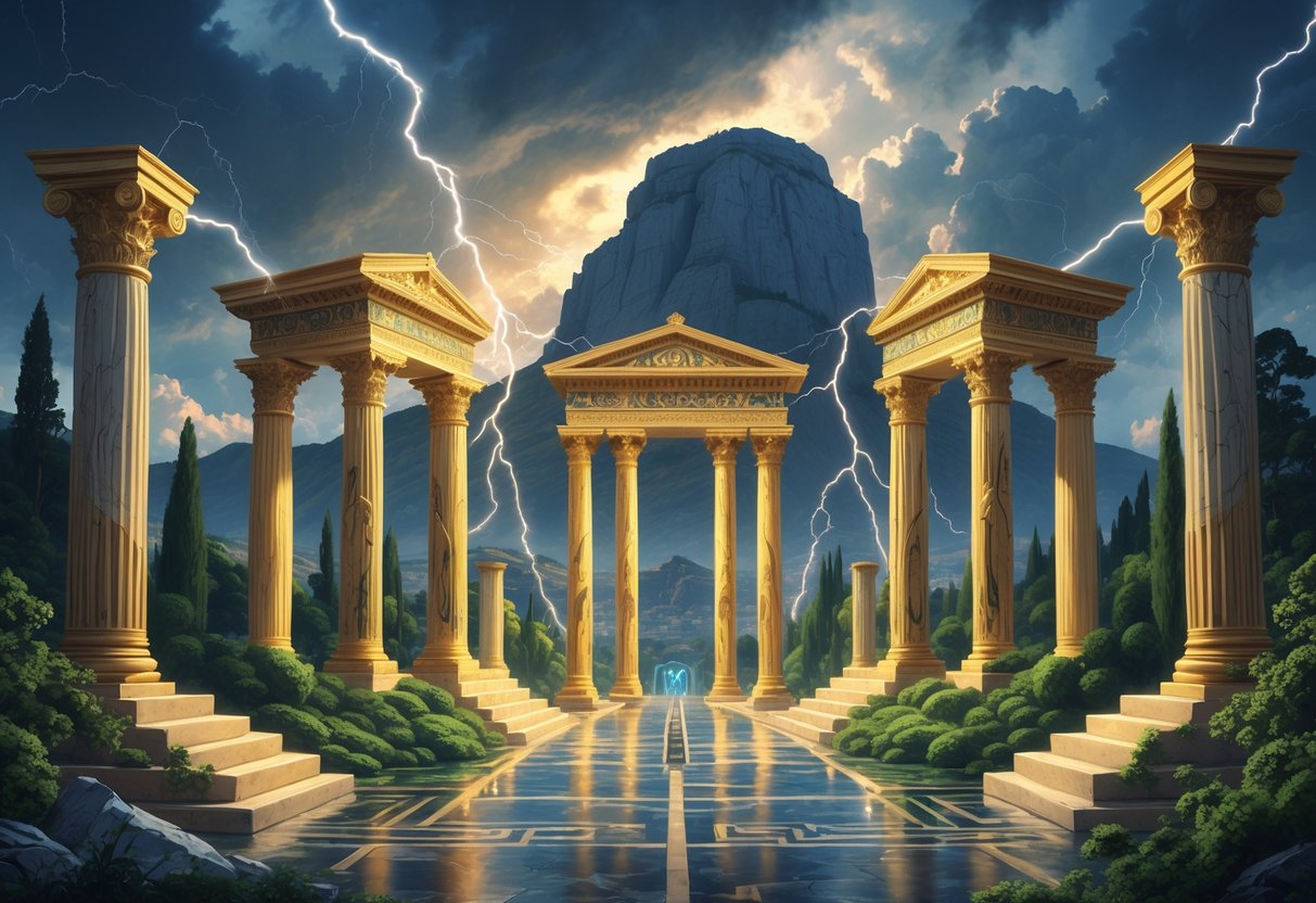 Pintu gerbang megah Olympus yang terbuat dari emas dan marmer dengan latar belakang Gunung Olympus dan langit petir.