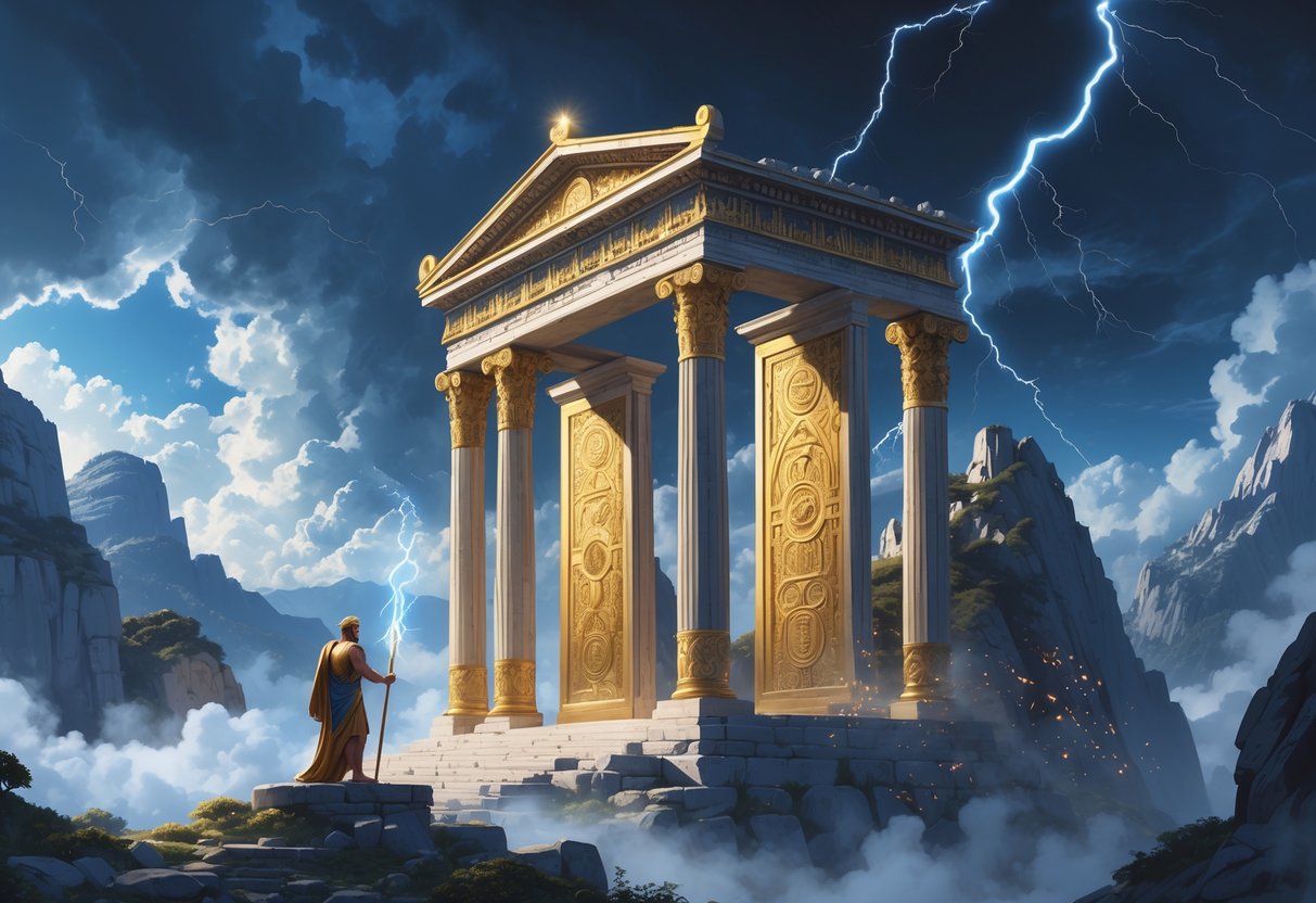 Pemandangan gerbang kuil kuno di puncak gunung dengan sosok Zeus memegang petir di dekatnya, dikelilingi awan dan cahaya mistis.