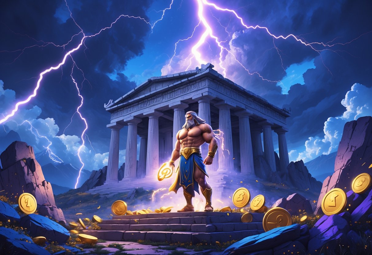 Ilustrasi seorang dewa Zeus berdiri di depan kuil kuno di puncak gunung dengan petir menyambar di latar belakang.